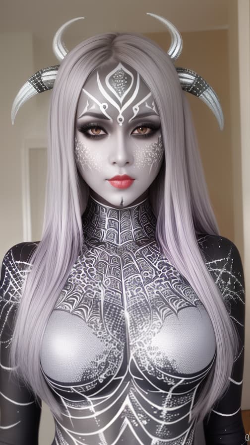  Silver Spider-patterned body paint in every corner of the whole body, full-body, Blark body paint, Silver face paint on the face,Dark elf 女性