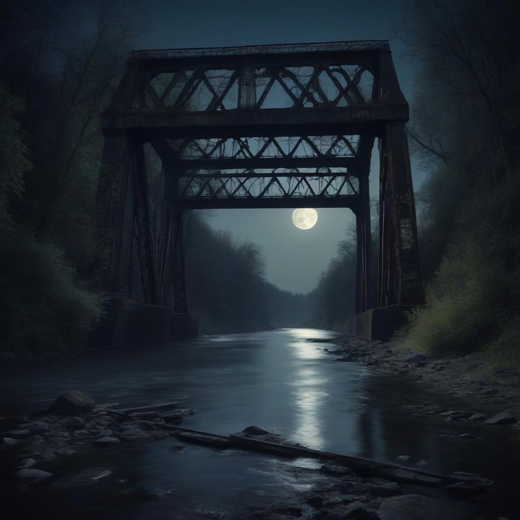  night. an ancient iron railroad bridge illuminated by an eerie moonlight.