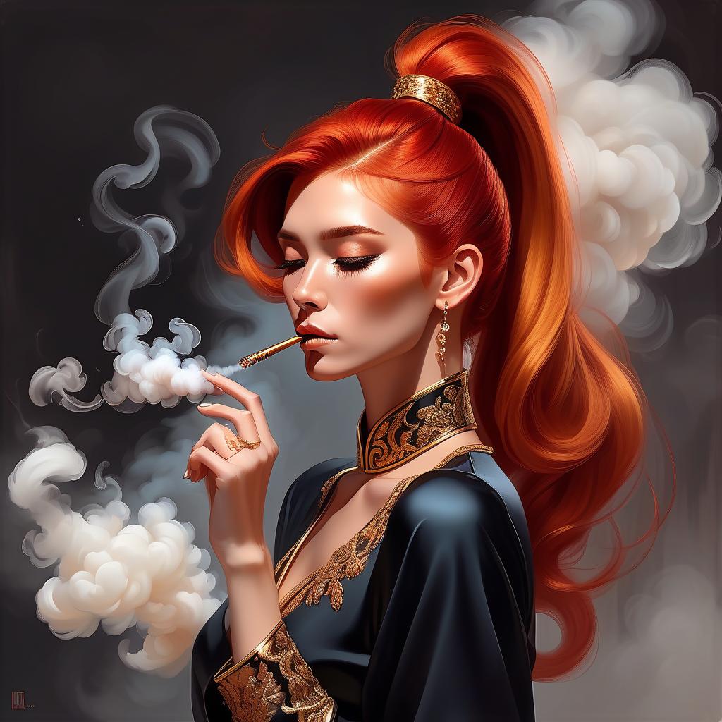  luxury product style a woman with red gold hair and a ponytail is blowing smoke into her hair and looking down at her hand, trending on art station, fantasy art, a digital painting . elegant, sophisticated, high end, luxurious, professional, highly detailed, hkmagic, oil painting