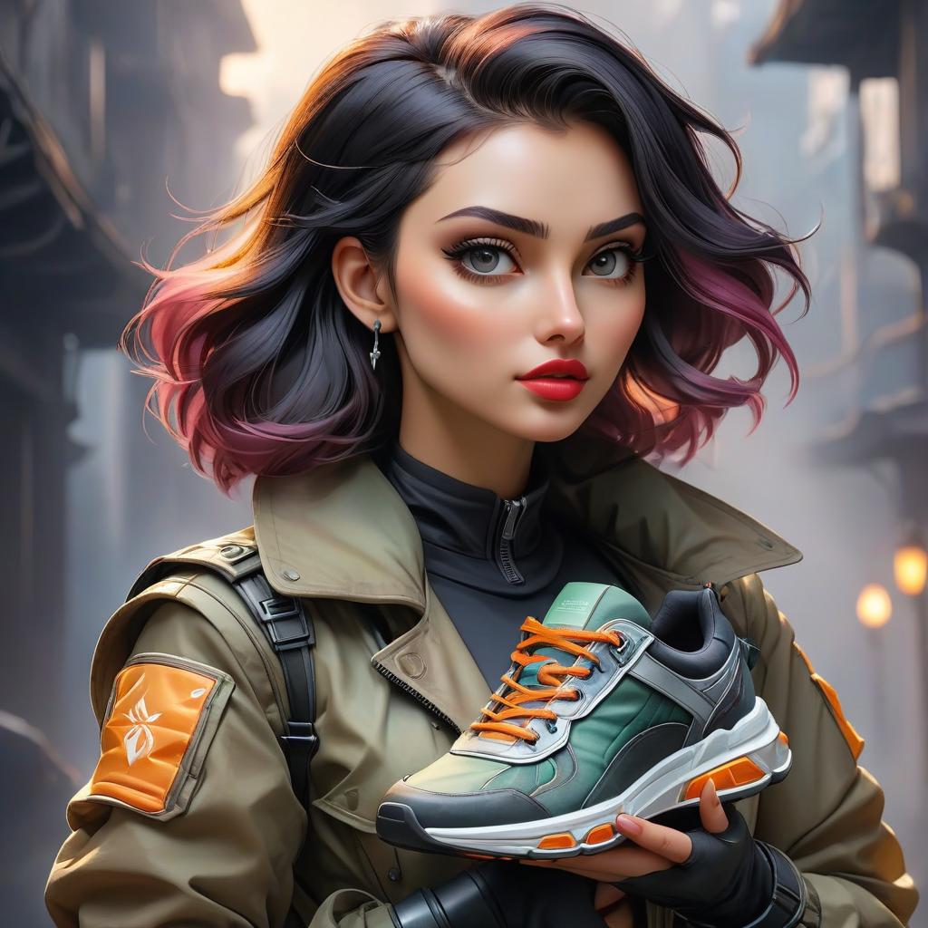  techwear fashion masterpiece. (beautiful girl holding a shoe . watercolor. close up:1,5). highly detailed strokes, clarity. fantasy, surrealism, fairy tale style . futuristic, cyberpunk, urban, tactical, sleek, dark, highly detailed, t shirt design hyperrealistic, full body, detailed clothing, highly detailed, cinematic lighting, stunningly beautiful, intricate, sharp focus, f/1. 8, 85mm, (centered image composition), (professionally color graded), ((bright soft diffused light)), volumetric fog, trending on instagram, trending on tumblr, HDR 4K, 8K