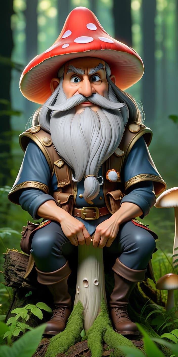  fairy tale character, magic, shrouded in grass, mushroom kingdom, mushroom king, long gray beard, a mushroom hat on his head, in the hands of a staff, sitting on a stump, the background of the forest, dusk, darkness, dark forest, mantle, fireflies hyperrealistic, full body, detailed clothing, highly detailed, cinematic lighting, stunningly beautiful, intricate, sharp focus, f/1. 8, 85mm, (centered image composition), (professionally color graded), ((bright soft diffused light)), volumetric fog, trending on instagram, trending on tumblr, HDR 4K, 8K