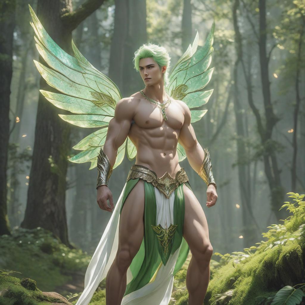  (jimmy eco: 1.6), full full body shots photorealistiic young man, forest fairy prince , 1, milk white skin, green hair, , 6 pax abs, (full body shot), young , flying over the city. smiling,, 1, beutiful, perfect, milk white skin, handsome and ver hunky body, very detailed green eyes, very pale skin, barefoot in a forest, , wearing green beige leafy sparkling wing, . (masterpiece:1.4, best quality), (intricate detail), unity 8k wallpaper, ultra detailed, (abstract art:1.2), (anato finnstark style:1.3), from another dimension, a symphony of iridescent colors merging and shifting seamlessly, dynamic pose with rotating patterns of energy around you, a mix of determination and serenity in his expression, a genera hyperrealistic, full body, detailed clothing, highly detailed, cinematic lighting, stunningly beautiful, intricate, sharp focus, f/1. 8, 85mm, (centered image composition), (professionally color graded), ((bright soft diffused light)), volumetric fog, trending on instagram, trending on tumblr, HDR 4K, 8K