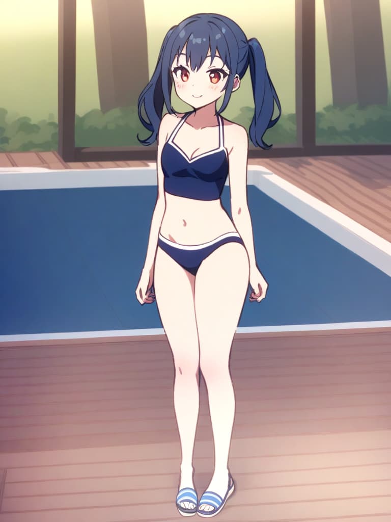  junior high s, twin tails, cute smiles, swimwear (dark blue), swimwear, old , s with , (shaped clear , bulging, phimosis), flirts, whole body, pool side,