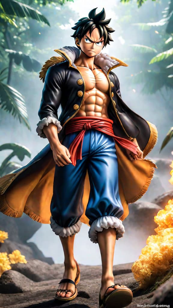  luffy from one piece in gear 5 form, eyes sharp, rubbery body, showcasing speed, strength, and creativity, anime art hyperrealistic, full body, detailed clothing, highly detailed, cinematic lighting, stunningly beautiful, intricate, sharp focus, f/1. 8, 85mm, (centered image composition), (professionally color graded), ((bright soft diffused light)), volumetric fog, trending on instagram, trending on tumblr, HDR 4K, 8K