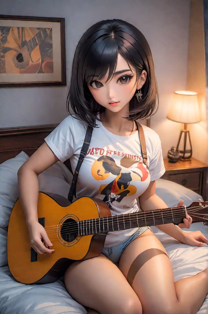  asian girls on bed with guitar hyperrealistic, full body, detailed clothing, highly detailed, cinematic lighting, stunningly beautiful, intricate, sharp focus, f/1. 8, 85mm, (centered image composition), (professionally color graded), ((bright soft diffused light)), volumetric fog, trending on instagram, trending on tumblr, HDR 4K, 8K