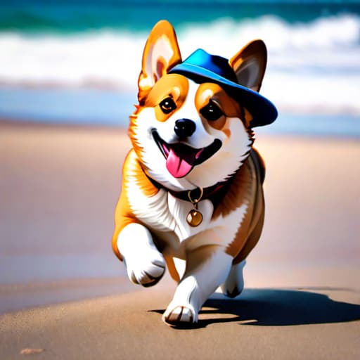  a corgi running down the beach with a big fedora. The image should be photorealistic and very realistic. hyperrealistic, full body, detailed clothing, highly detailed, cinematic lighting, stunningly beautiful, intricate, sharp focus, f/1. 8, 85mm, (centered image composition), (professionally color graded), ((bright soft diffused light)), volumetric fog, trending on instagram, trending on tumblr, HDR 4K, 8K