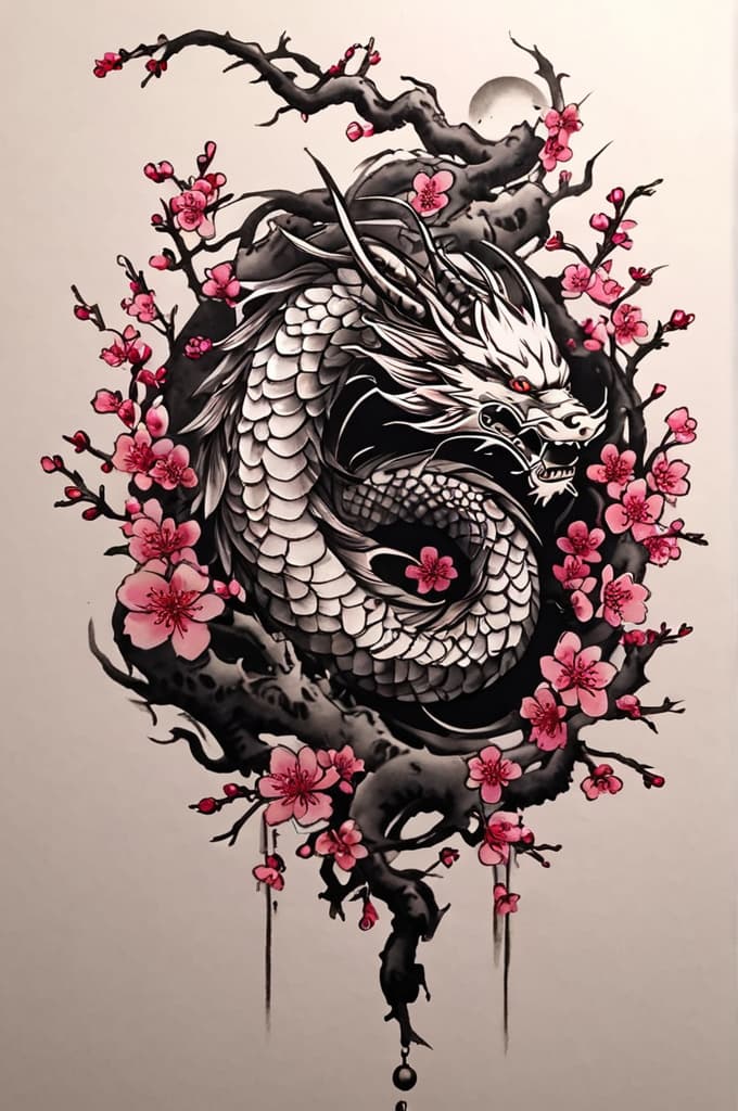  japanese dragon, cherry blossoms , (tattoo sketch:1.25), drawing