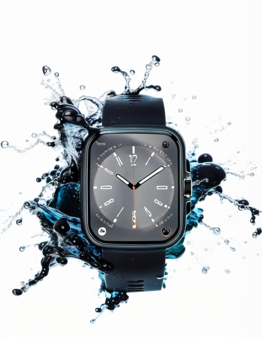  smart watch on a white background, around beautiful splashes of water, film photography style