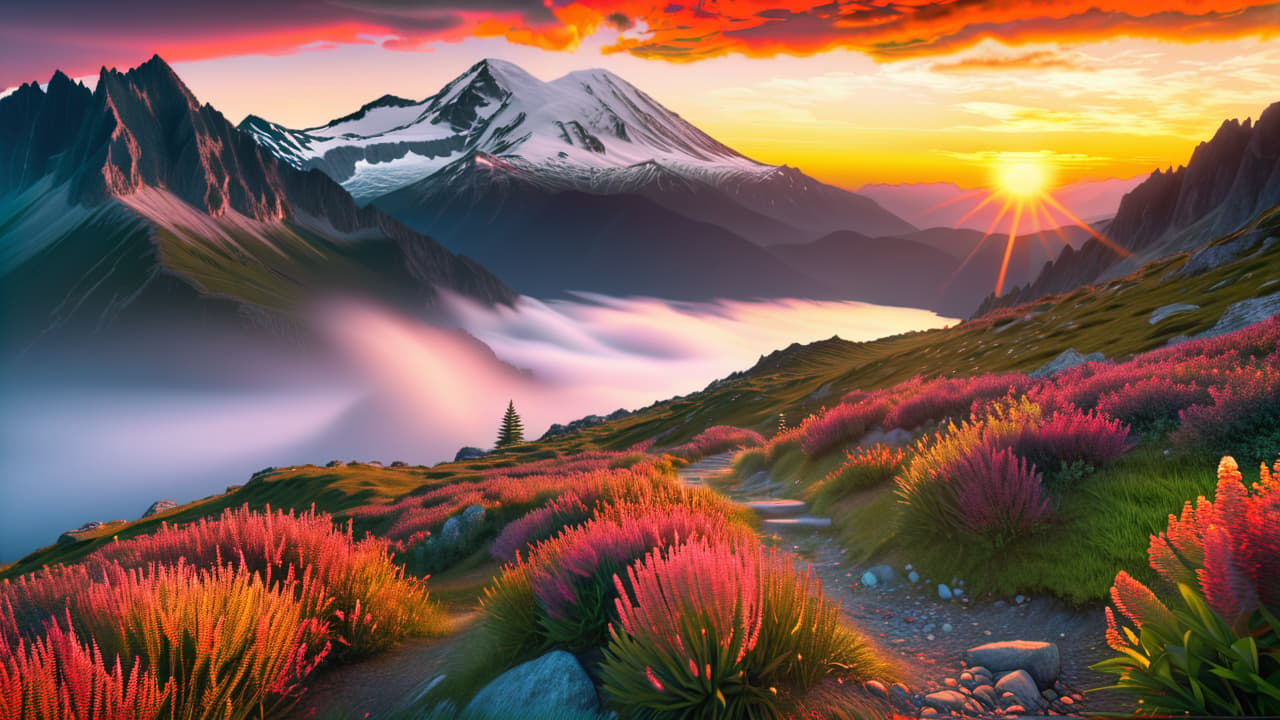  a breathtaking mountain landscape featuring a winding trail, diverse flora, and distant peaks under a vivid sunset sky. include a serene lake reflecting the mountains, inviting hikers in vibrant gear exploring the scenery. hyperrealistic, full body, detailed clothing, highly detailed, cinematic lighting, stunningly beautiful, intricate, sharp focus, f/1. 8, 85mm, (centered image composition), (professionally color graded), ((bright soft diffused light)), volumetric fog, trending on instagram, trending on tumblr, HDR 4K, 8K