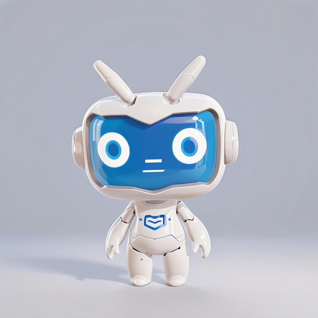  a white cute robot with blue face,a clean and crisp anime illustration with bold outlines, smooth shading,cell shaded, crisp ,flat colors, and a minimalistic background.