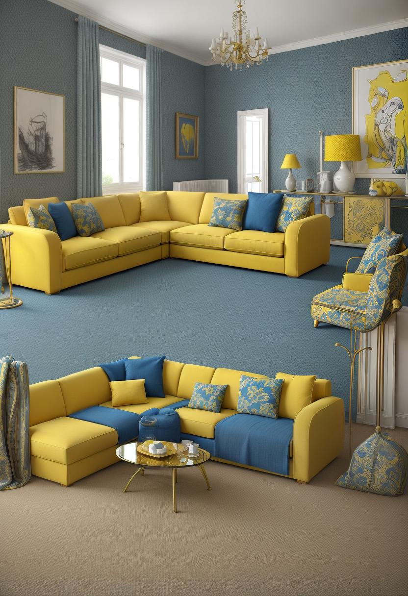  l type corner sofa having blue and yellow combination in a drawing room, an beautiful aquariem present in that drwing room, a sqare shape tea tabel , a brown carpet also there