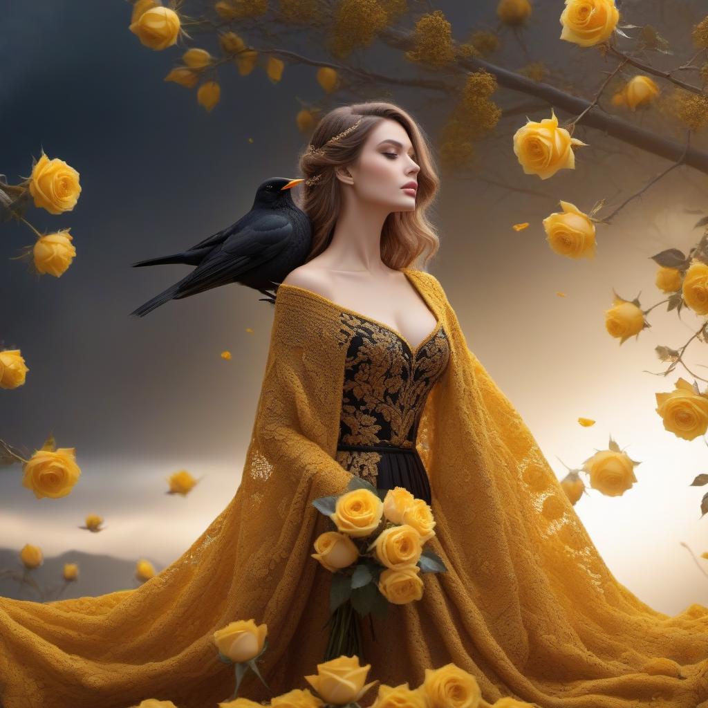  Blackbird knitted from wool, yellow roses, gold brocade background, realistic color photo hyperrealistic, full body, detailed clothing, highly detailed, cinematic lighting, stunningly beautiful, intricate, sharp focus, f/1. 8, 85mm, (centered image composition), (professionally color graded), ((bright soft diffused light)), volumetric fog, trending on instagram, trending on tumblr, HDR 4K, 8K