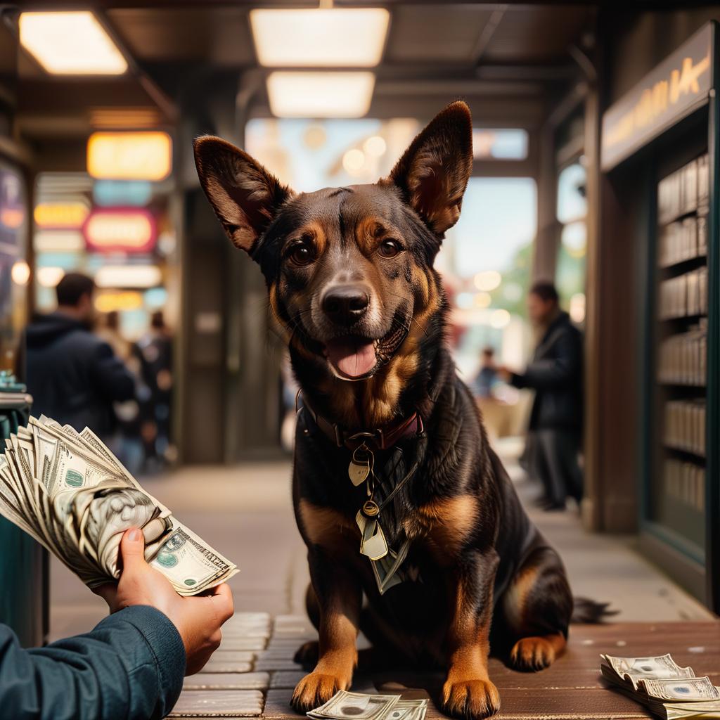  cinematic photo girl dog man gives her money joy surprise thanks . 35mm photograph, film, bokeh, professional, 4k, highly detailed, civitai