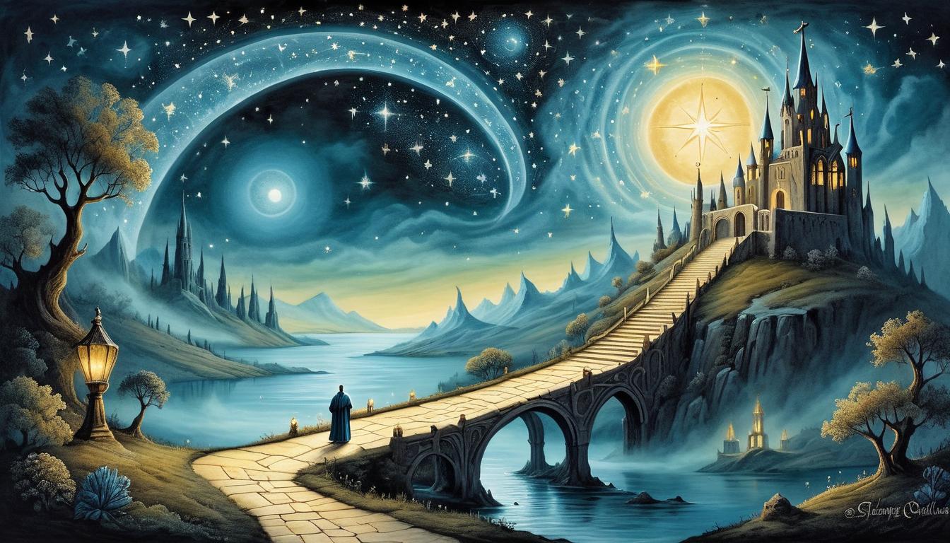  on parchment, surrealism+++, a glowing pathway leading towards a celestial gate, stars twinkling above, guided, transcendent(mysterious, provocative, symbolic,muted color)+++