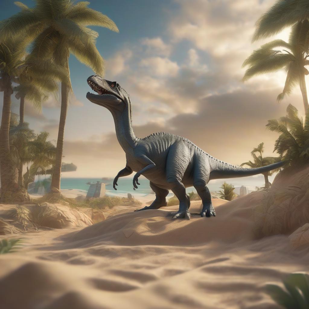  professional 3d model cover of a game about dinosaurs, courier with bag, on an island with palm trees and sand . octane render, highly detailed, volumetric, dramatic lighting