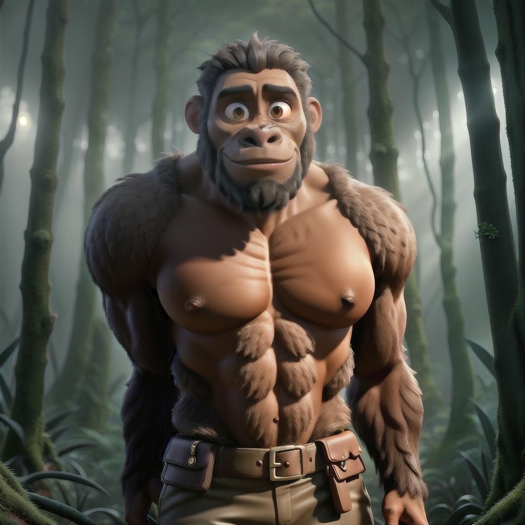  A man alone with a scary gorilla in jungle hyperrealistic, full body, detailed clothing, highly detailed, cinematic lighting, stunningly beautiful, intricate, sharp focus, f/1. 8, 85mm, (centered image composition), (professionally color graded), ((bright soft diffused light)), volumetric fog, trending on instagram, trending on tumblr, HDR 4K, 8K