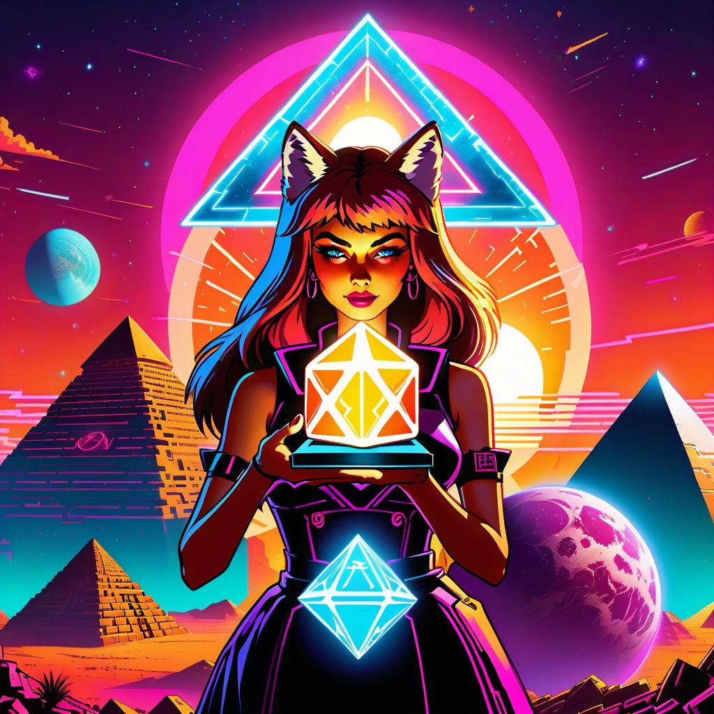  retro cyberpunk the fox girl holds a cube in one hand, and a pyramid in the other, on the top of the pyramid is written ngs, and a calculator is drawn in the cube. instead of the sun, a circle is built from which the rays come. . 80's inspired, synthwave, neon, vibrant, detailed, retro futurism