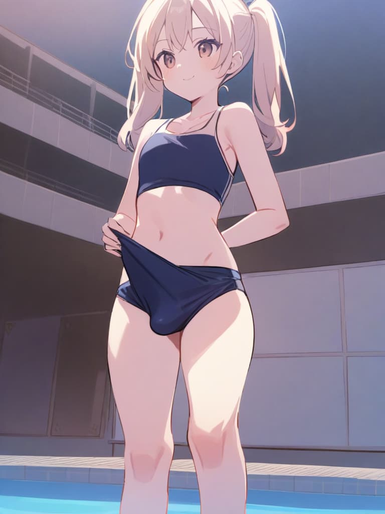  women's elementary students (male), twin tails, cute smiles, (rich s), short stature, dark blue swimwear, old swimwear, swimwear, simple, (upward), upward, (bulge), front, whole body, pool side ,,,