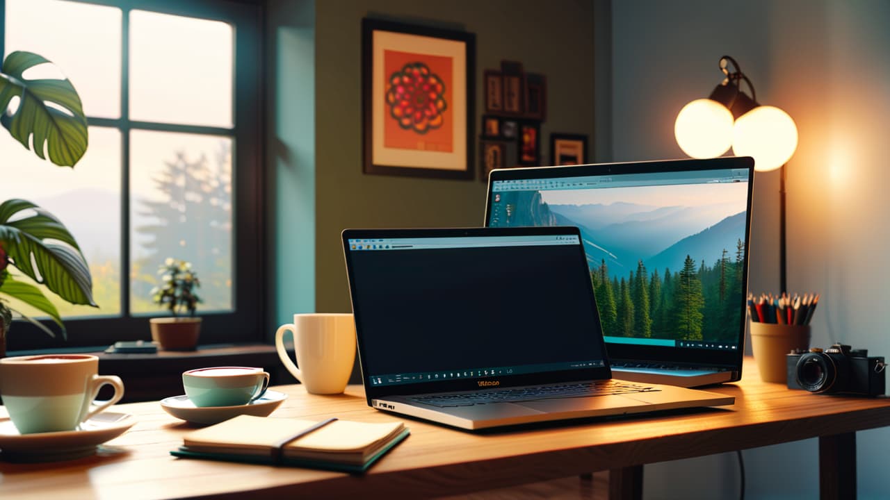  a serene workspace with a laptop displaying a photography portfolio, surrounded by a camera, a notepad with sketches, a cup of coffee, and soft natural light streaming through a window. hyperrealistic, full body, detailed clothing, highly detailed, cinematic lighting, stunningly beautiful, intricate, sharp focus, f/1. 8, 85mm, (centered image composition), (professionally color graded), ((bright soft diffused light)), volumetric fog, trending on instagram, trending on tumblr, HDR 4K, 8K