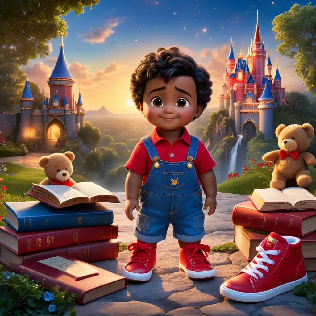  in 3d animated movie style. disney pixar style. ayan, old, in blue t shirt, denim overalls, and red sneakers, teddy, a magical toy with a red bow tie, toy soldiers in red and blue uniforms with gold accents. magical book shimmering before fading, moonlit landscape in the background. high resolution pixar 3d animated film style. main colors: blue, red, gold, soft warm lighting, magical atmosphere. perspective on ayan and teddy with the magical book, transition from toy world to reality.