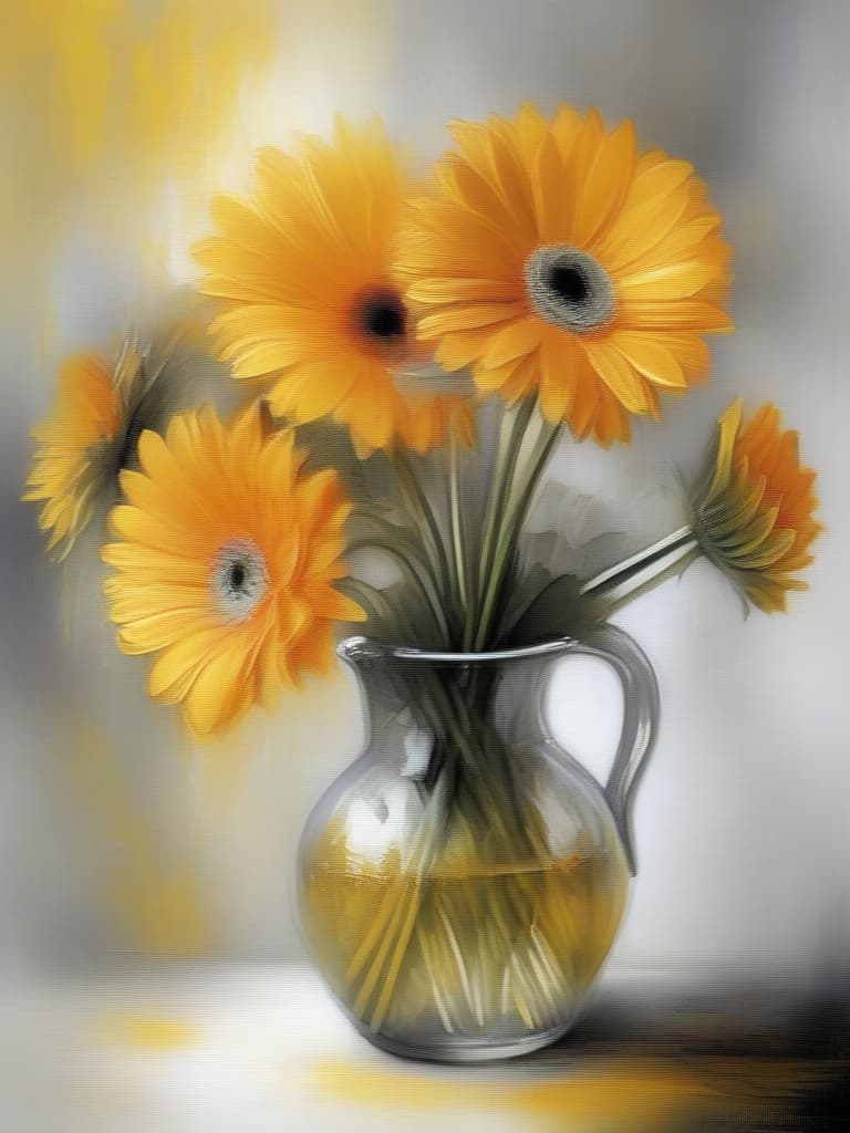  ((only yellow gerbera in color: 1.4)){{b&w: 1.4,b&w world: 1.4}},super detail,8k,high resolution,absurd,employed,detailed,delicately composed,cinematic angle,bold composition,detailed depiction,((no people: 1.4)){{in room,vase:yellow gerbera}}((b&w: 1.4,b&w,landscape)){{yellow gerbera: 1.4}}((background blur effect)),top quality,masterpiece,wild nature oil painting,