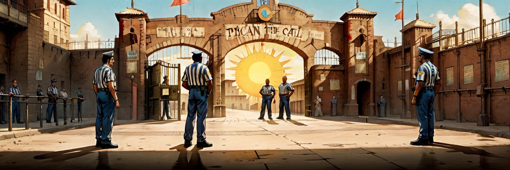  a tense deal takes place on the stage near the prison entrance. two characters standing full height under the bright sun. the seller, confidently holding the bank card, smiles and hands it to the buyer. he, nervous, gives him a pack of cash. his eyes are full of contradictions, because soon he will be behind bars. the surrounding atmosphere is reinforced by the guards, who are closely watching what is happening, and behind the characters you can see a massive prison gate. this deal symbolizes the difficult choices and consequences people face in difficult situations., film photography style, on parchment