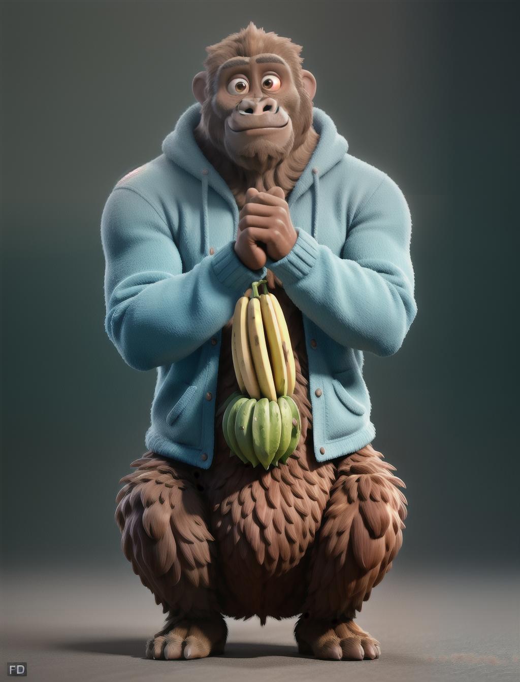  Gorilla sitting a stack off bananas, arm raised and middle finger up hyperrealistic, full body, detailed clothing, highly detailed, cinematic lighting, stunningly beautiful, intricate, sharp focus, f/1. 8, 85mm, (centered image composition), (professionally color graded), ((bright soft diffused light)), volumetric fog, trending on instagram, trending on tumblr, HDR 4K, 8K