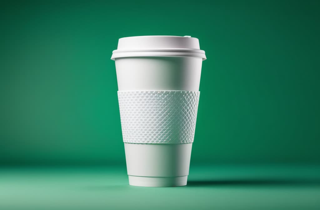  white eco coffee cup on green background, empty space for text on the left ar 3:2 high quality, detailed intricate insanely detailed, flattering light, RAW photo, photography, photorealistic, ultra detailed, depth of field, 8k resolution , detailed background, f1.4, sharpened focus