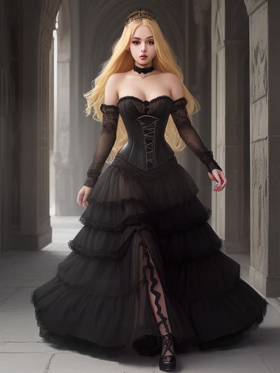  a girl, blonde, slim, with plump lips, with black mascara around her eyes, a long black dress, in a lace corset with golden threads, the gothic princess slowly walks towards her.