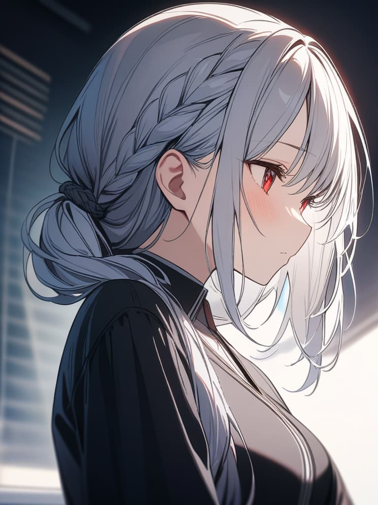  silver hair, red eyes, girl, cute, braided hairstyle, masterpiece, best quality,8k,ultra detailed,high resolution,an extremely delicate and beautiful,hyper detail