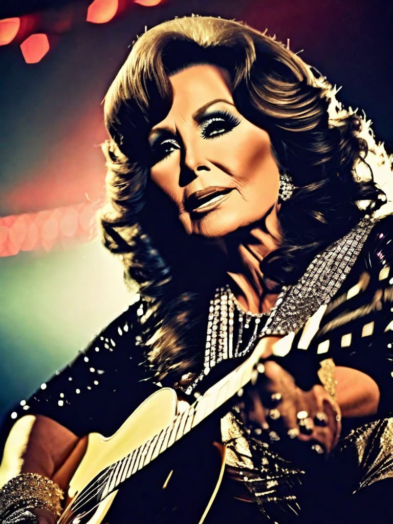  Singer Loretta Lynn, medium shot, upper body, spotlight, long exposure lighting, street art style spray paint, glamour lighting