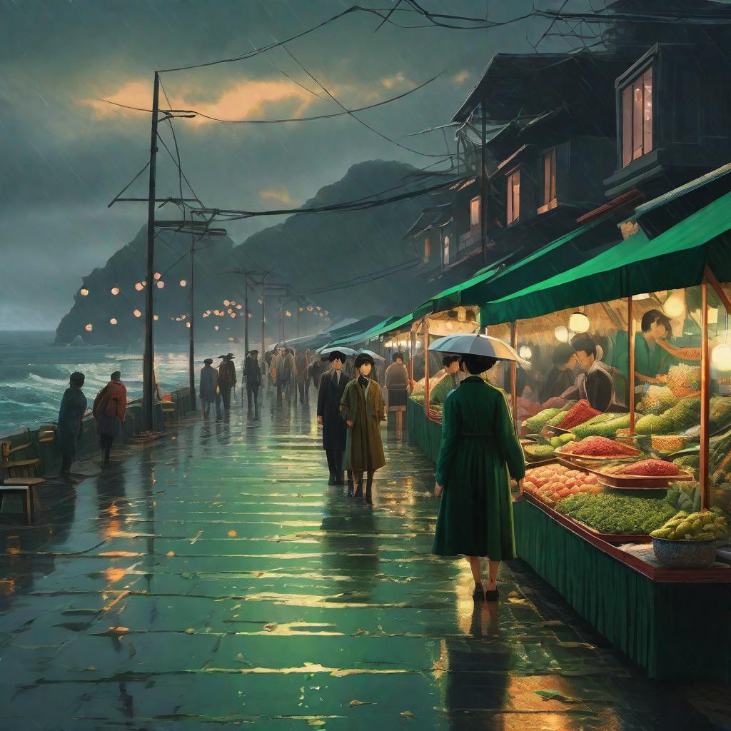  Masterpiece, best quality, masterpiece, 8k resolution, realistic, highly detailed, content dark green coast edge night market, men in row fall girl in dress on the ground. Other requirements Sea water is dark green, passers-by many, rainy day.