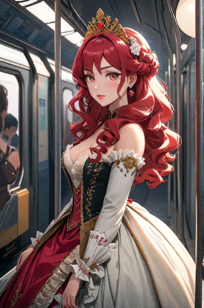  "beautiful rococo princess sitting on the japanese metro", elaborate gown, massive curly red rococo hair, head and shoulders portrait, finely drawn eyes, 8k resolution concept art portrait dynamic lighting hyperdetailed intricately detailed splash art trending on artstation unreal engine 5 volumetric lighting. hyperrealistic, full body, detailed clothing, highly detailed, cinematic lighting, stunningly beautiful, intricate, sharp focus, f/1. 8, 85mm, (centered image composition), (professionally color graded), ((bright soft diffused light)), volumetric fog, trending on instagram, trending on tumblr, HDR 4K, 8K