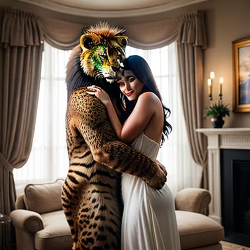  a big cat hugs a cute girl in the living room,pokemon,lion hyperrealistic, full body, detailed clothing, highly detailed, cinematic lighting, stunningly beautiful, intricate, sharp focus, f/1. 8, 85mm, (centered image composition), (professionally color graded), ((bright soft diffused light)), volumetric fog, trending on instagram, trending on tumblr, HDR 4K, 8K