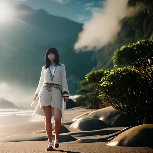 redshift style Japanese cute wearing beach clothes that is visible from head to and there is white liquid on her  hyperrealistic, full body, detailed clothing, highly detailed, cinematic lighting, stunningly beautiful, intricate, sharp focus, f/1. 8, 85mm, (centered image composition), (professionally color graded), ((bright soft diffused light)), volumetric fog, trending on instagram, trending on tumblr, HDR 4K, 8K