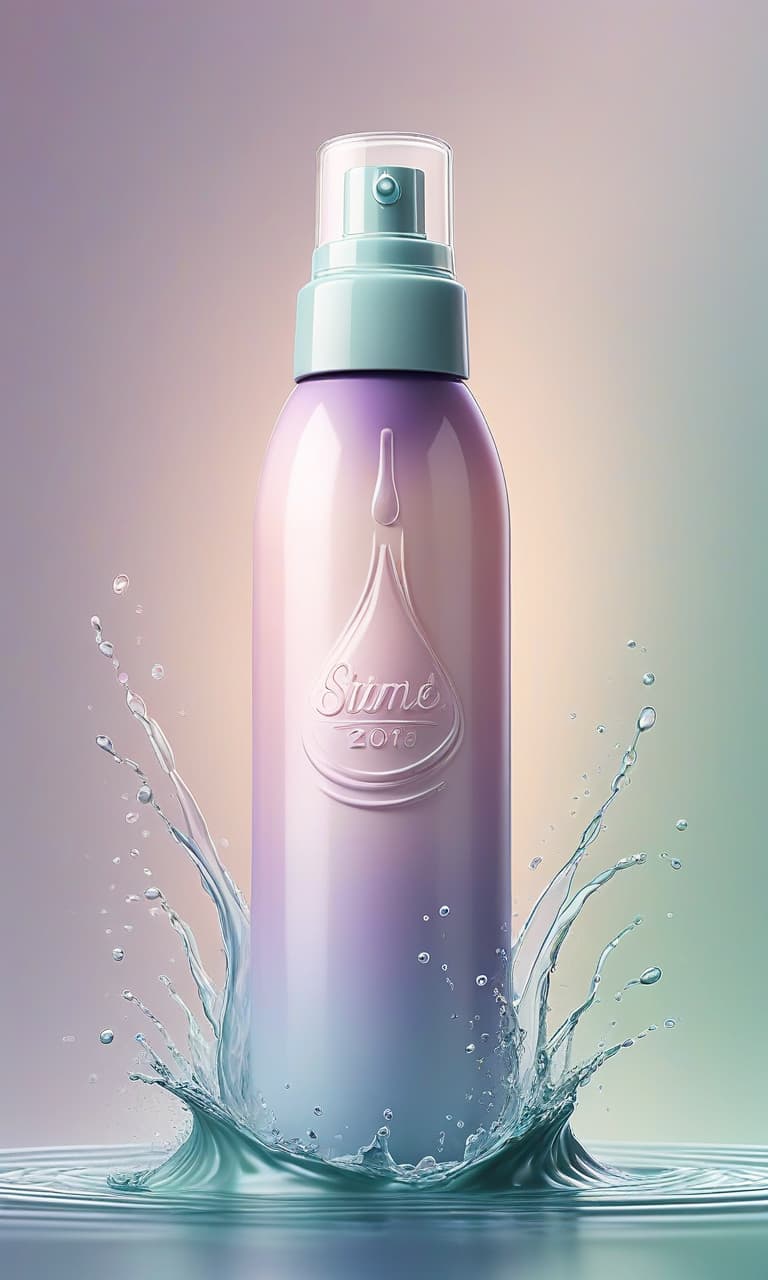  hyperrealistic art illustration of a 3d model of a bottle of spray for cosmetics, highlighted on a soft pastel gradient background, with the effect of calm ripples on water, 8k, high resolution . extremely high resolution details, photographic, realism pushed to extreme, fine texture, incredibly lifelike