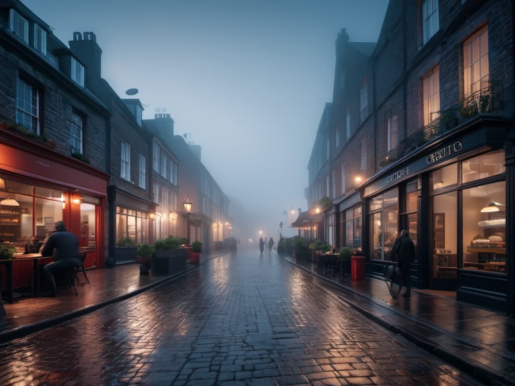  a realistic image of a vibrant cafe with multiple people including someone being served a coffee. outside is a rainy day on a cobbled street. 8k, hdr. hyperrealistic, full body, detailed clothing, highly detailed, cinematic lighting, stunningly beautiful, intricate, sharp focus, f/1. 8, 85mm, (centered image composition), (professionally color graded), ((bright soft diffused light)), volumetric fog, trending on instagram, trending on tumblr, HDR 4K, 8K