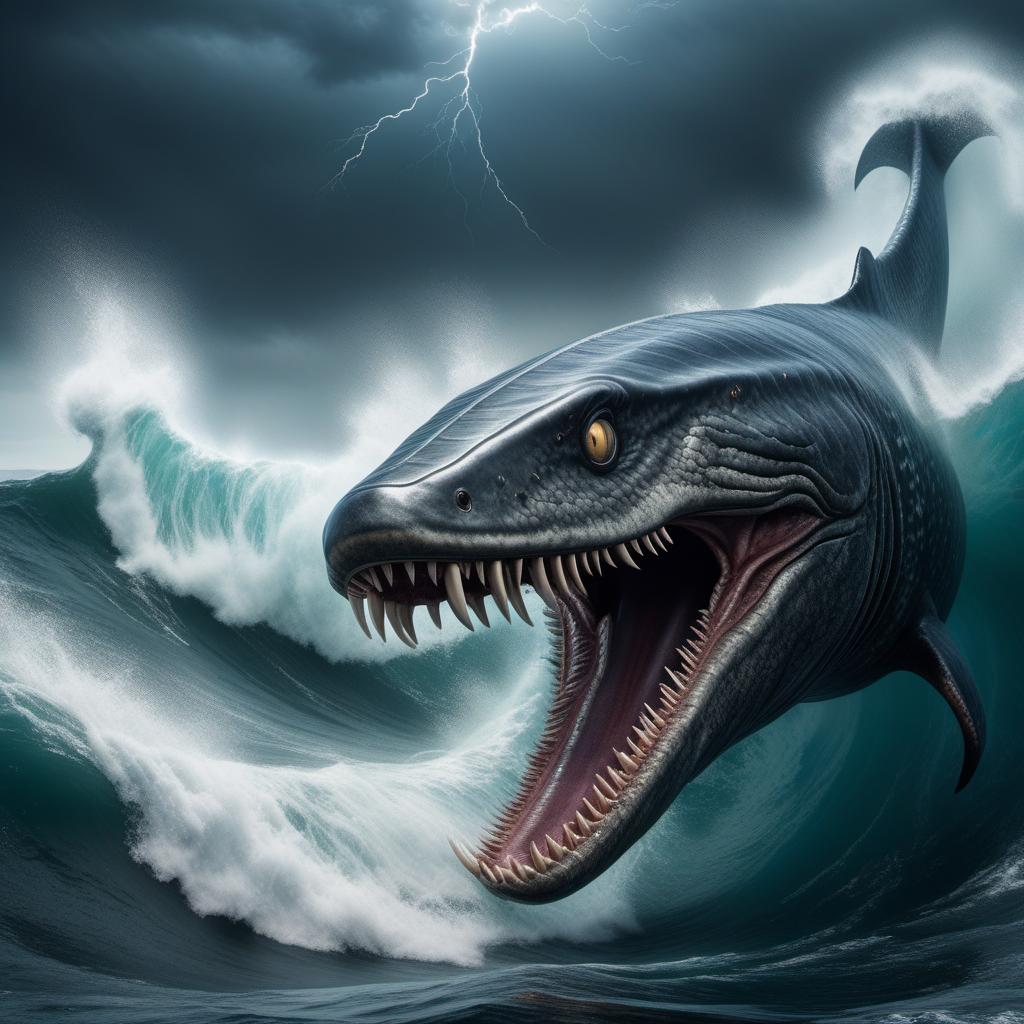  A majestic and terrifying leviathan, a mythical sea creature, emerging from the depths of the ocean. The leviathan has a serpentine body covered in dark, glistening scales, with fins and powerful jaws. Its eyes should be glowing with an eerie light as it surges through towering waves, with stormy skies and lightning in the background illuminating its massive form. hyperrealistic, full body, detailed clothing, highly detailed, cinematic lighting, stunningly beautiful, intricate, sharp focus, f/1. 8, 85mm, (centered image composition), (professionally color graded), ((bright soft diffused light)), volumetric fog, trending on instagram, trending on tumblr, HDR 4K, 8K