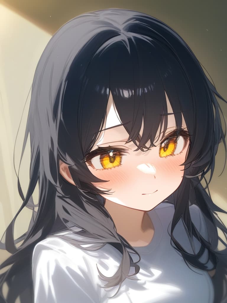  cute face focus,cute,young,long hair,black hair,yellow eyes,shy