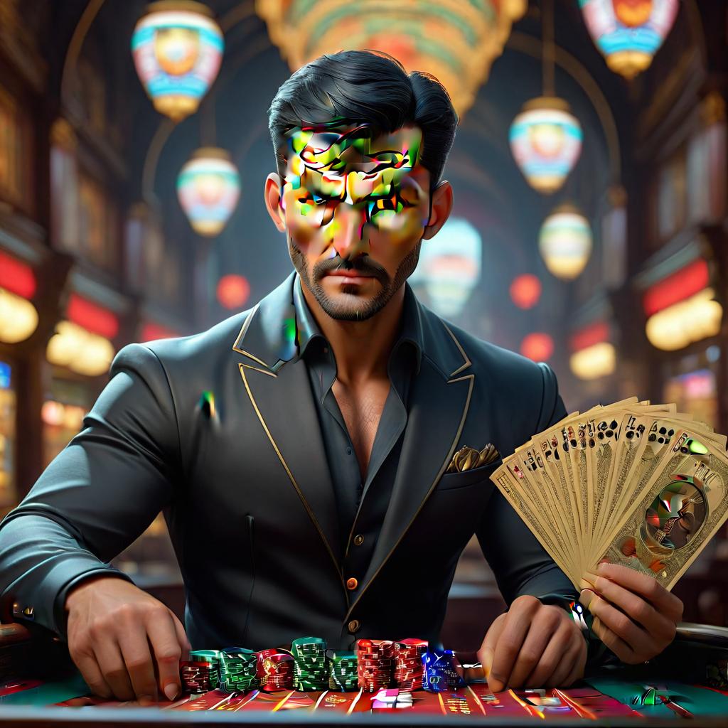  a man of european looks, with a black short hair, with gambling maps in his hands, all the growth in the fantezy style, hkmagic hyperrealistic, full body, detailed clothing, highly detailed, cinematic lighting, stunningly beautiful, intricate, sharp focus, f/1. 8, 85mm, (centered image composition), (professionally color graded), ((bright soft diffused light)), volumetric fog, trending on instagram, trending on tumblr, HDR 4K, 8K