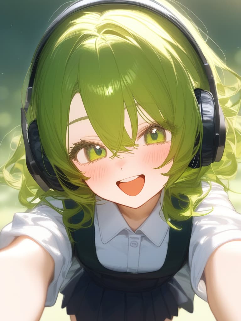  hagakure tohru bangs black clothes black blue clothing collared shirt dress shirt gloves hair between eyes long sleeves mini pleated uniform shirt shirt tucked in short sleeves rolled up sleeves uniform white shirt blush s age eyelashes woman (((with open arms:1.3))) (((i'm feeling excited))) (((headphones:1.3))) green eyes green hair big s medium length hair messy hair short hair teeth upper teeth upper teeth only smirk open mouth open mouth smile one arm outstretched smiling v sign looking at camera one woman alone english language english text text colored eyelashes curly hair ai created