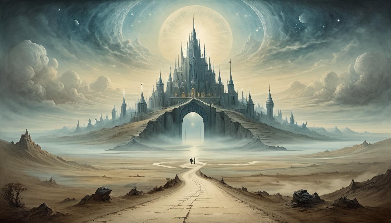  on parchment, surrealism+++, expansive view of horizon, clear path stretching forward, symbolic milestones, victorious future, inspirational journey(mysterious, provocative, symbolic,muted color)+++