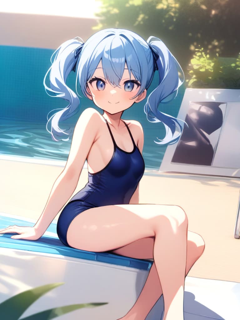  women's elementary students, twin tails, rich smiles, cute smiles, navy blue swimwear, old swimwear, swimwear, simple, male, shaped clear , shaped clear, clear stem, shaped crisp, male bulge,, front. the whole body, pool side,