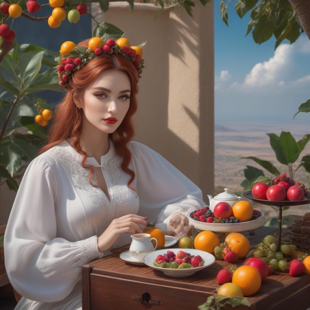  The girl is sitting There is a kettle and fruit on the table Africa hyperrealistic, full body, detailed clothing, highly detailed, cinematic lighting, stunningly beautiful, intricate, sharp focus, f/1. 8, 85mm, (centered image composition), (professionally color graded), ((bright soft diffused light)), volumetric fog, trending on instagram, trending on tumblr, HDR 4K, 8K