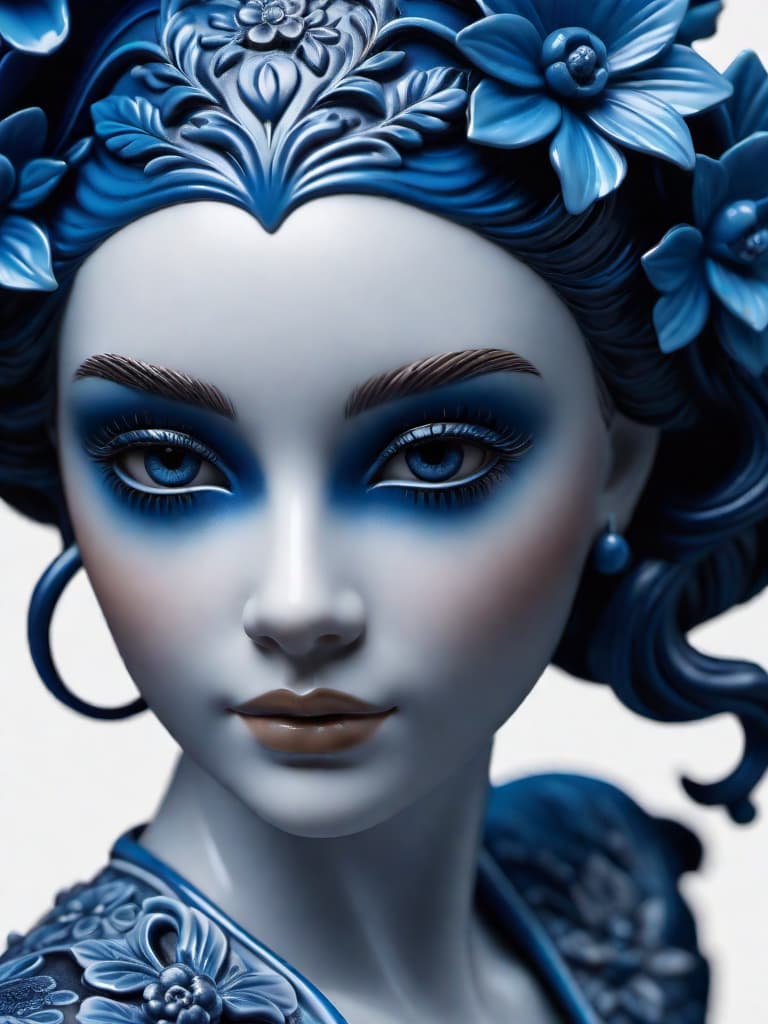  Close-up porcelain female figurine, looking to the camera, glossy surface, glaze, shiny, blue floral tattoos on her, dark gradient background, baroque dark style, hyperrealistic, CG society, intricate details