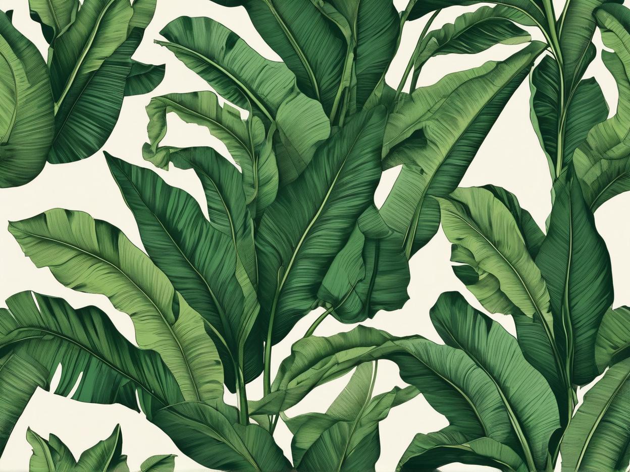  minimalism, this image features individual banana leaves, each illustrated with fine detail, highlighting their unique textures and curvature. the leaves vary in shape—some are elongated and smooth, while others appear to be slightly curled or frayed, possibly indicating different stages of growth or wear. the color palette ranges from bright, fresh greens to deeper, more mature hues, giving a realistic, dynamic representation of the plant’s natural beauty. each leaf carries its own distinct form, emphasizing their organic and fluid shapes., abstract, simple geometic shapes, hard edges, sleek contours, minimalism