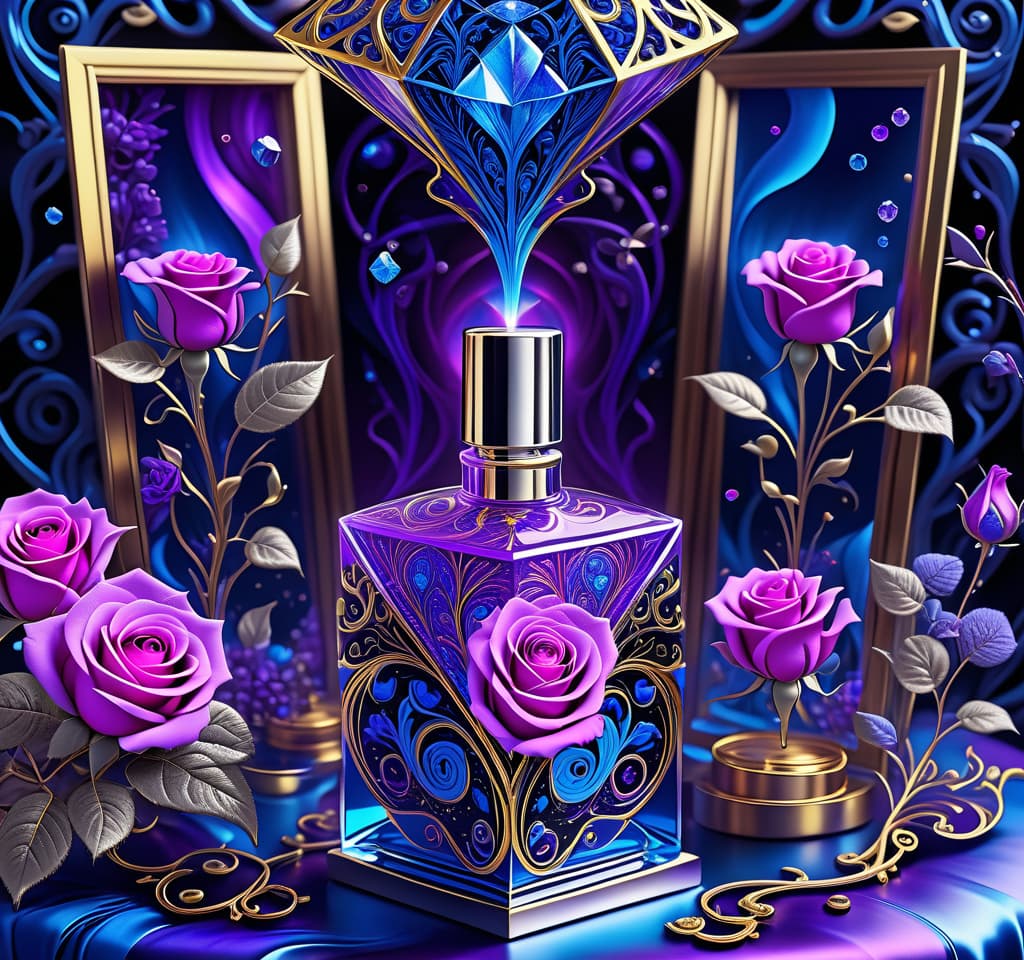  dreamscape ultra detailed digital image with double exposure. elegant single transparent (unusual) perfume bottle (diamond shaped: 1.4), heliotrope colours:: inside (bright purple liquid: 1.8), large bright rose, (blue: 1.3) misty fractal swirls, silver and (silver: 1,4) accents. (blue jets and splashes of liquid), plasticity. decorativeness. mesmerising. background black, complex ornamentation, surreal abstractionism, with textured neon blue and gold veins intertwining in an unusual whimsical pattern. juicy heliotrope coloured roses. bright blue accents. neon blue sparks, mystical glow. unreal, fantastic. lots of highlights, contrasting elements. superfine details. stylistics: art nouveau. abstraction. surrealistic idea. in the manner o