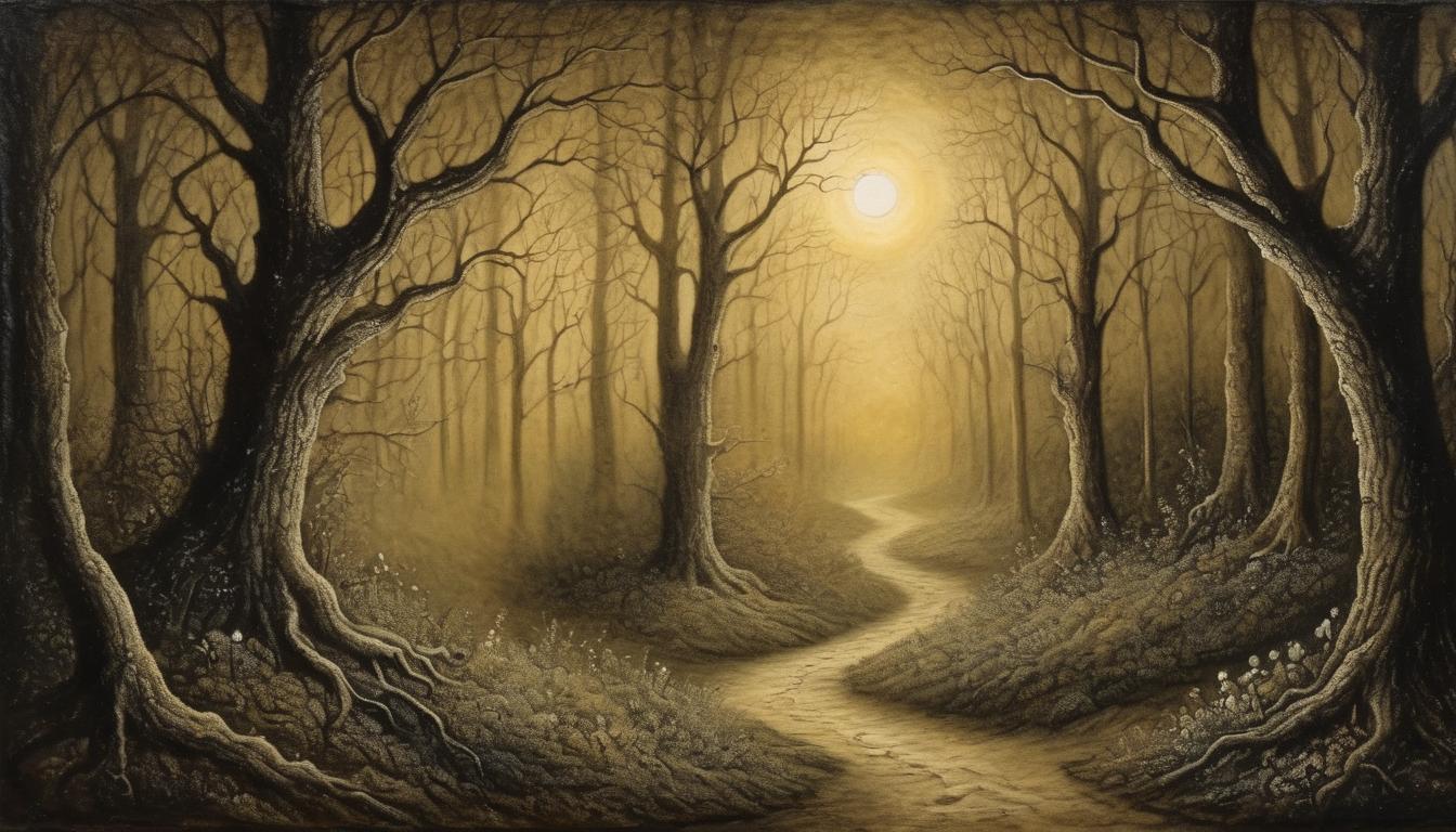  on parchment, surrealism++, shimmering pathway through dark forest, lit by celestial beams, mystical, guiding(mysterious, provocative, symbolic)++