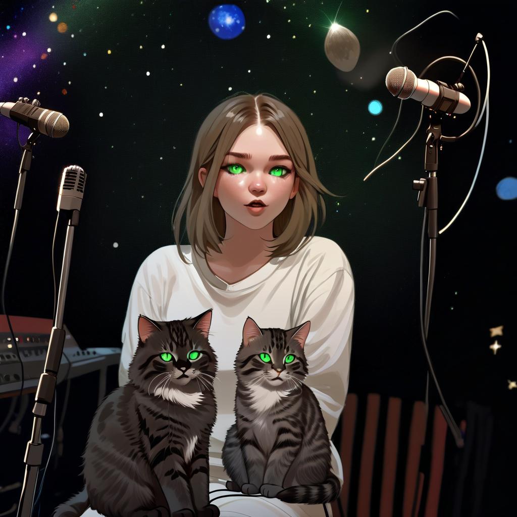  space, cosmos, two fluffy tabby cats, girl with green eyes, stage, stage lights, music, microphone, blue color