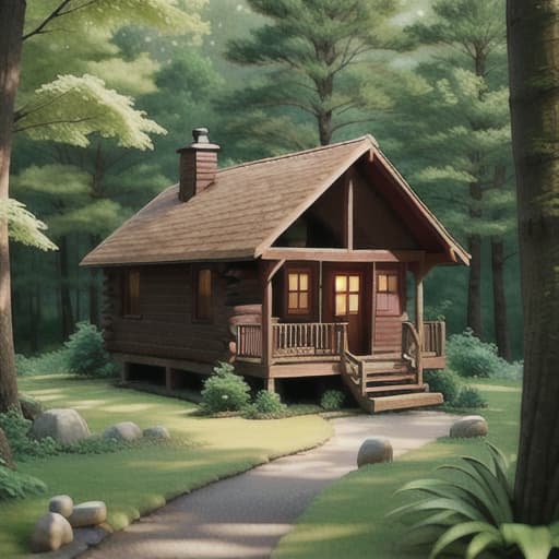  the camera pans over a lush green landscape, the morning sun casting a warm glow over everything it touches. in the distance, a figure emerges from a cluster of trees, stepping confidently into the frame. this is steps, a man in his early thirties with a rugged appearance and a determined gaze. as he walks towards a quaint wooden cabin nestled in the heart of the forest, a gentle breeze rustles the leaves above, creating a soothing melody that accompanies his every step. the sound of birds chirping in the background adds to the peaceful atmosphere, giving the scene a serene quality. upon reaching the cabin, steps pauses briefly to take in his surroundings. the cabin is small but well maintained, with a cozy porch and a flower garden